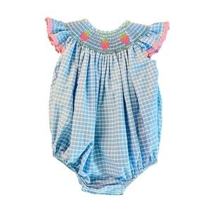 Southern Sunshine Smocked Strawberry Blue Check Baby One-Piece Romper Size 6 Mos
